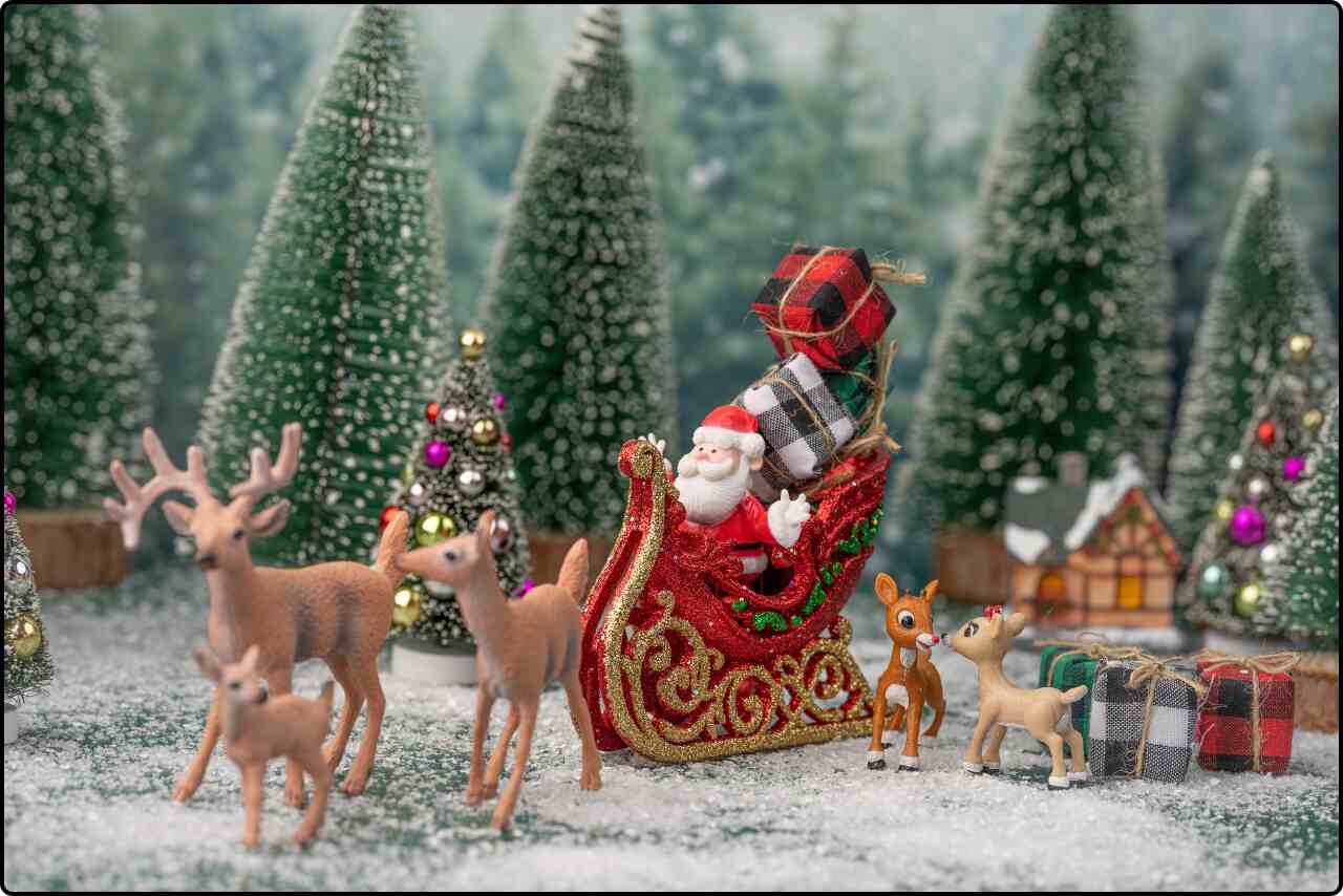 Detailed close-up of a Santa Claus figurine, highlighting his festive red attire and white beard.